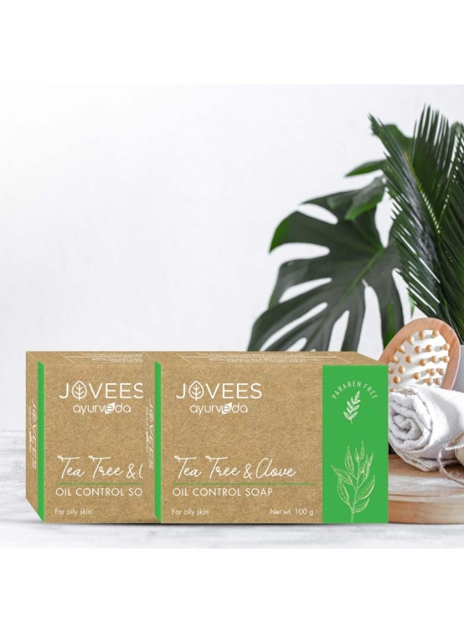 JOVEES AYURVEDA صابون جوفيز العشبي للتحكم في إفرازات الزيت بخلاصة شجرة الشاي والقرنفل، 100 جرام (عبوة من قطعتين) - Image 2